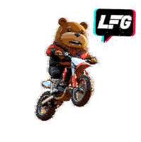a teddy bear is riding a motorcycle with a speech bubble that says lfg on it
