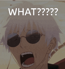 a man wearing sunglasses is screaming with the words what written below him