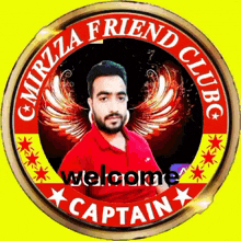 a logo for mirzza friend club with a picture of a man in a red shirt