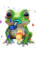 a frog with a party horn and winnie the pooh in the background