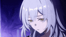 a girl with gray hair and yellow eyes is looking down