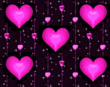 a pattern of pink hearts hanging from strings on a black background