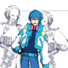 a boy with blue hair and headphones is standing in front of two white robots