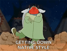 a cartoon of a man in a green coat is getting down in native style .