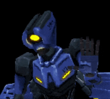 a blue robot with yellow eyes has the number 163 on it