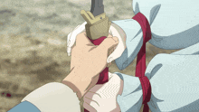 a person holding a sword with the words hide & seek written on the bottom right