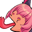 a pixel art drawing of a girl with pink hair and a long tongue sticking out of her mouth .