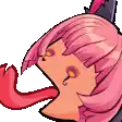 a pixel art drawing of a girl with pink hair and a long tongue sticking out of her mouth .
