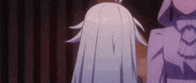 a girl with long white hair is standing next to another girl in a purple outfit .