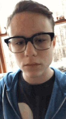 a young man wearing glasses and a blue sweatshirt looks at the camera