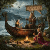 a painting of a man in a boat with a banner that says viking