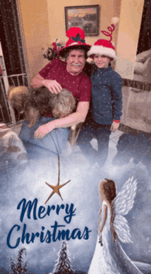 a card that says merry christmas with a man and two children