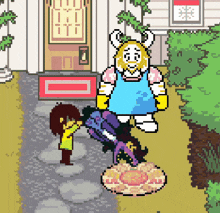 a pixel art of a cartoon character standing in front of a house .