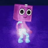 a cartoon character with a pink box on his head is dancing in a purple room .