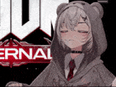 a girl wearing a teddy bear hood stands in front of a eternal logo