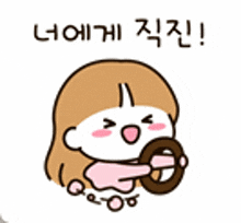 a cartoon of a girl holding a steering wheel with korean writing behind her .
