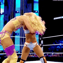 two women are wrestling in a wrestling ring while a crowd watches .