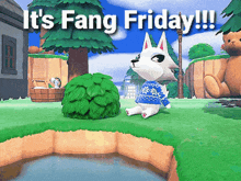 a video game says it 's fang friday with a white wolf wearing a blue sweater