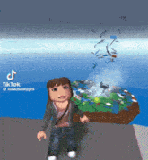 a girl in a video game is standing in front of a giant island in the ocean .