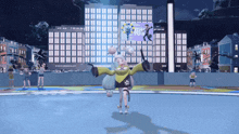 a girl in a yellow sweater is dancing in front of a billboard that says htc