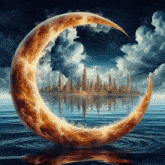 a crescent moon with a city reflected in the water