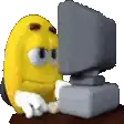a yellow cartoon character is sitting at a desk in front of a computer .