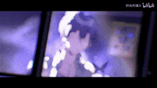 a close up of a person 's face on a screen with a purple background .