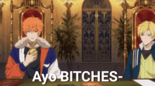 two anime characters are sitting at a table and one of them is holding a cell phone