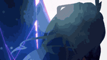 a computer generated image of a person 's face with a purple light behind them