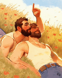a painting of two men laying in the grass with one pointing