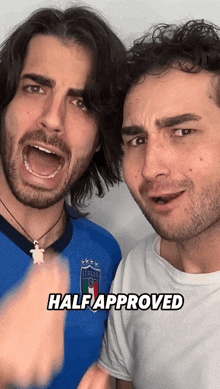 two men are standing next to each other and one of them is wearing an italia shirt