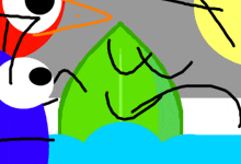 a cartoon drawing of a green leaf with a few lines coming out of it