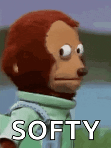 a close up of a stuffed monkey with the word softy written on it
