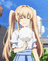 a blonde girl with pigtails is holding cotton candy