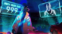 a man in a futuristic jacket is standing in front of a screen that says party never ends 999 .