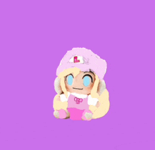 a stuffed doll wearing a pink hat and overalls is sitting on a purple background .
