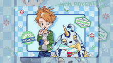 a picture of a boy named yamato holding a cup next to a unicorn