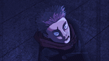 a purple and white image of a person 's face with a mask on
