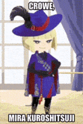 a cartoon character wearing a purple hat and a blue coat .