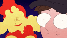 a cartoon drawing of a man looking at a cloud with a smiley face on it