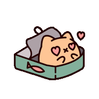 a cartoon cat is laying in a can of sardines with hearts in its eyes .