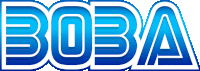 a blue boba logo with white letters on a white background