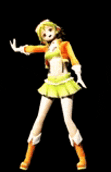 a girl in a yellow skirt and orange boots is dancing on a stage .