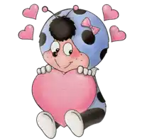 a ladybug holding a pink heart with hearts surrounding it