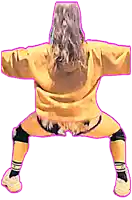 a woman in a yellow sweatshirt and shorts is squatting with her arms outstretched