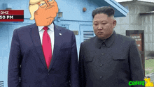 donald trump and kim jong un are standing next to each other in front of a sign that says dmz 50 pm