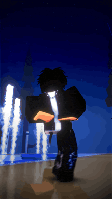 a cartoon character is standing in front of a waterfall in the dark