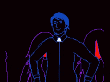 a pixel art drawing of a man in a suit and tie with wings
