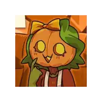 a cartoon character with a pumpkin head and green leaves on it .