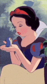 a cartoon of snow white holding a small bird in her hands